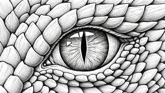Black and white sketch of a reptilian dragon or snake eye.
