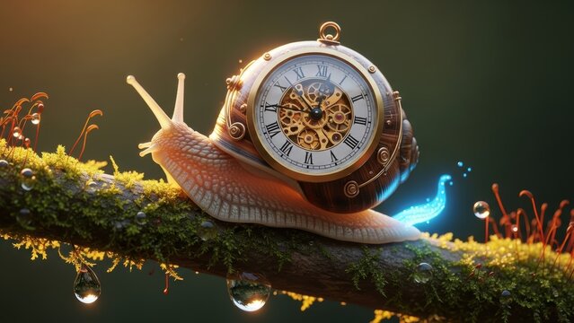 Steampunk snail with a mechanical clock shell on a mossy branch.