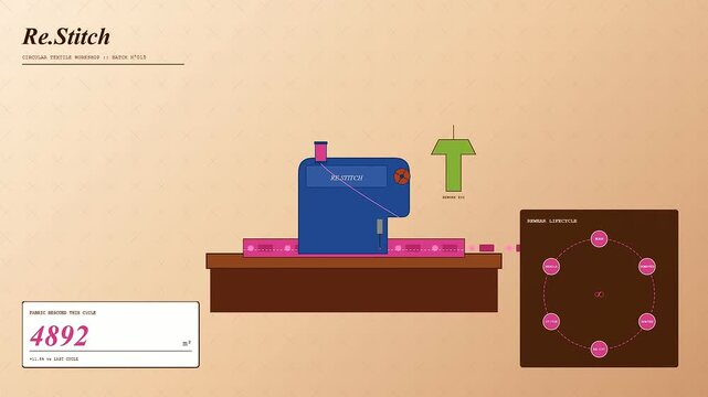 A digital animation depicting a Circular Supply Chain process where a machine processes textile items as production cycle counters decrease steadily across this seamless motion graphic loop