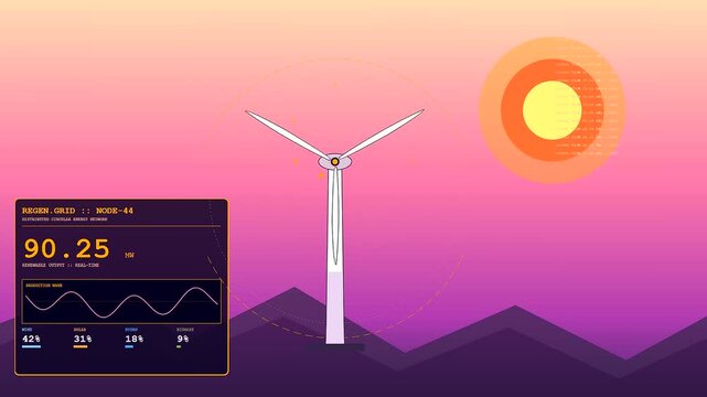 A Circular Supply Chain visualization features animated wind turbines and digital metrics against a vibrant sunset sky providing a modern concept of renewable energy and sustainable power