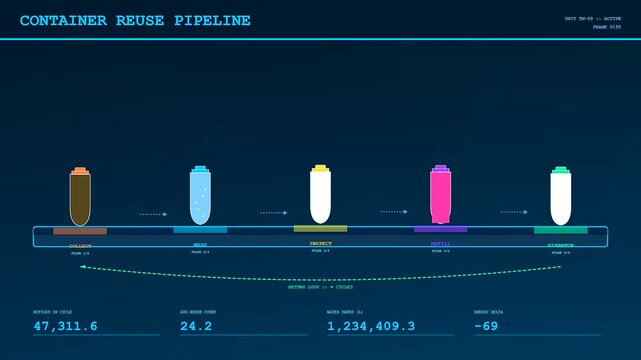 Digital Circular Supply Chain interface monitoring industrial bottle recycling cycles. Changing data metrics and animated icons showcase logistical efficiency via a sleek dashboard.