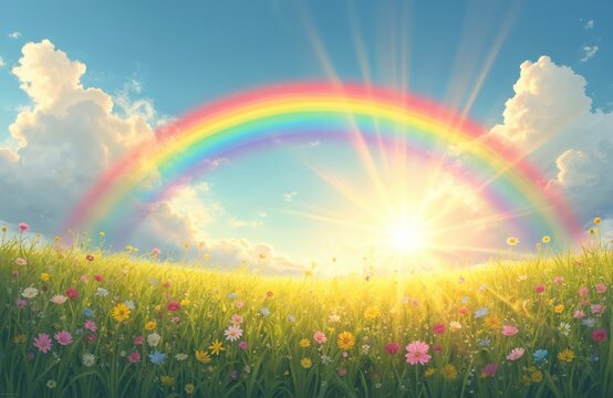 Sun shines brightly over a meadow filled with colorful wildflowers. A double rainbow arches across the blue sky with fluffy white clouds. Peaceful nature scene inspires hope and joy.