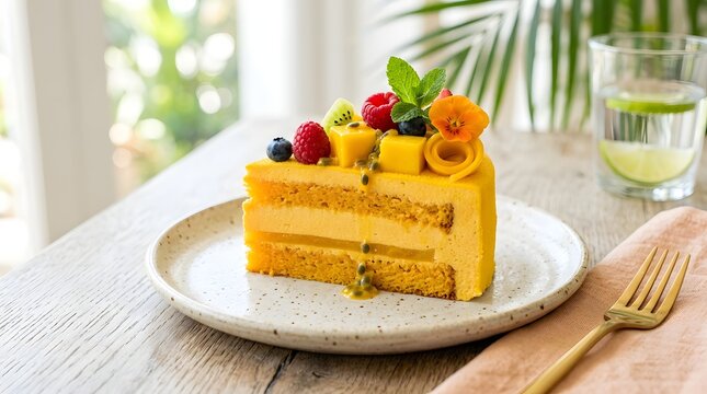 Velvet mango cake slice with tropical fruit garnish, bright summer colors, clean editorial food photography, realistic dessert texture