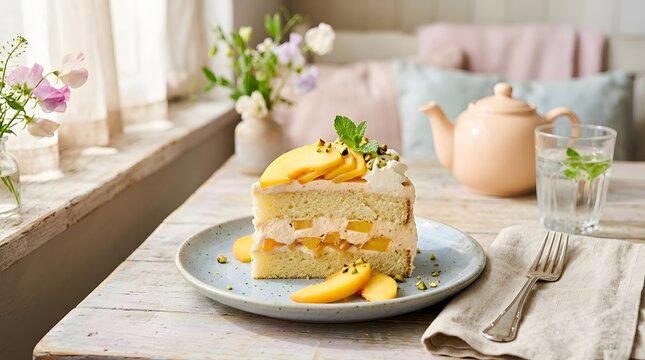 Peach cream cake slice with fresh peach slices, airy pastel atmosphere, bright natural light, editorial dessert styling