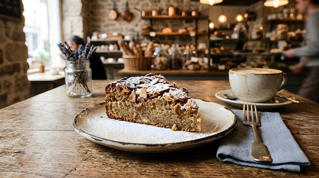 Almond cake slice with powdered sugar dusting, rustic European bakery vibe, wooden table, warm soft lighting, realistic food photo