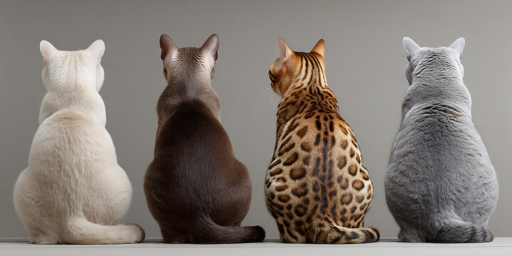 Rear View of Group of Different Cat Breeds Together