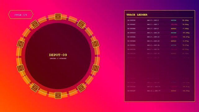 Digital Circular Supply Chain interface displaying real-time inventory logs as data streams across multiple panels. Tracks automated warehouse logistics and industrial shipping operations.