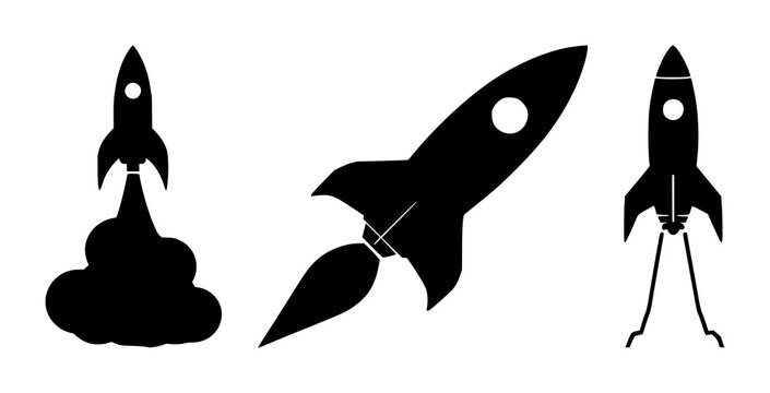 Rocket launch icon set with solid black rocket against white background featuring rocket, launch, startup with business and technology