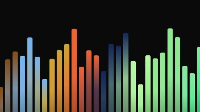 Vibrant spectrum of colorful pulsating bars represents audio waveform data visualized dynamically against a dark backdrop, showcasing sound wave energy fluctuations and rhythmic progression.