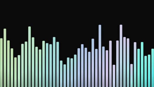 Dynamic spectrum analyzer visually represents audio frequencies and sound waves with vibrant, gradient bars against a stark, dark backdrop, showcasing the ebb and flow of digital sound data