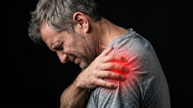 Senior man experiencing intense shoulder pain and discomfort, clutching his arm, symbolizing common health issues, aging, and the need for medical attention