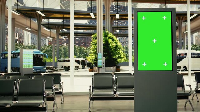 Green screen in empty urban transportation hub with timetable board, departure time and modern coach station design. Public transit terminal with travel route information, long-haul bus service.
