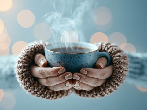 Hands holding a warm cup of coffee with steam rising at home during winter evening with soft lights in the background