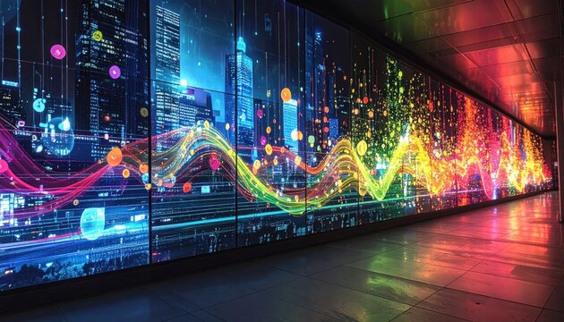 Cityscape with colorful data visualization display.