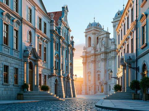 Sunset over cobblestone street with historic buildings in European city during early evening