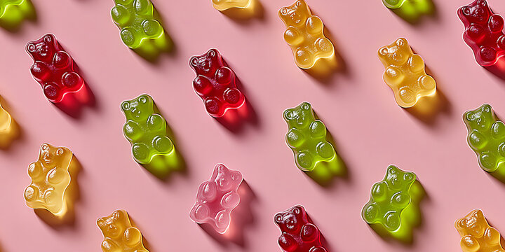 Seamless Pattern of Colorful Gummy Bears on Pink Background