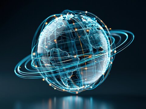 Digital globe showing global connections and networks during nighttime with bright lines and lights