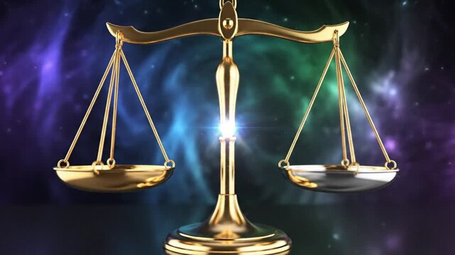 Shining golden scales of justice and balance against a cosmic background with a bright light