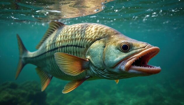 Large barramundi fish swims in clear ocean water with mouth open showing sharp teeth. This predatory aquatic animal hunts underwater, displaying its powerful jaws and scales close up.