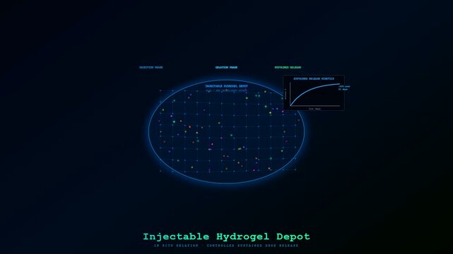 This detailed animation illustrates targeted drug delivery, showcasing the precise injection, gelation, and controlled release of therapeutic compounds from an advanced hydrogel depot.