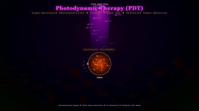Targeted drug delivery via photodynamic therapy vividly demonstrates a laser activating photosensitizers within a tumor, triggering selective apoptosis for effective cancer treatment.