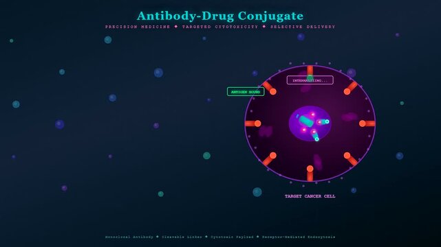Illustrating precision medicine, targeted drug delivery shows an antibody conjugate binding to a cancer cell, facilitating internalization and therapeutic payload release for selective cytotoxicity.