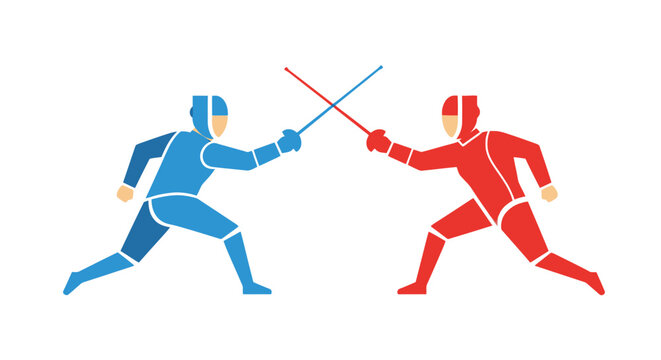 Fencing duel illustration: blue vs red fencer with swords crossed