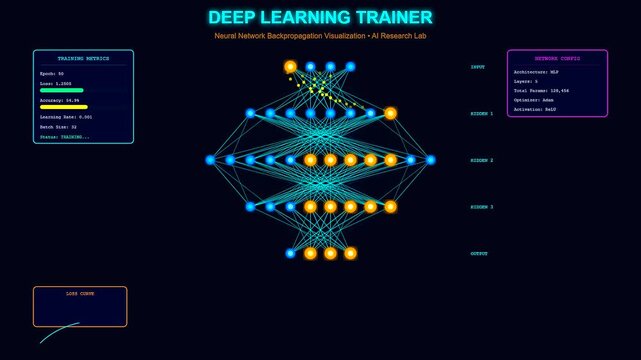 Observing a deep learning neural network, vital for advancements in targeted drug delivery systems, showing real time data processing and training metrics across various animated stages.