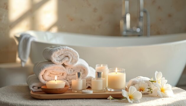 Soft light illuminates a spa scene with stacked white towels, lit candles, and small bottles. A bathtub is visible in the background, ready for relaxation and pampering.