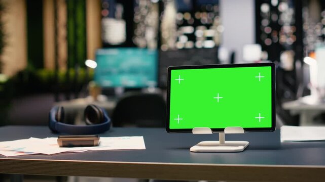 Green screen mockup on tablet inside office interior with no people, designed in modern stylish way with elegant open space layout. City view through large glass walls highlights urban landscape.