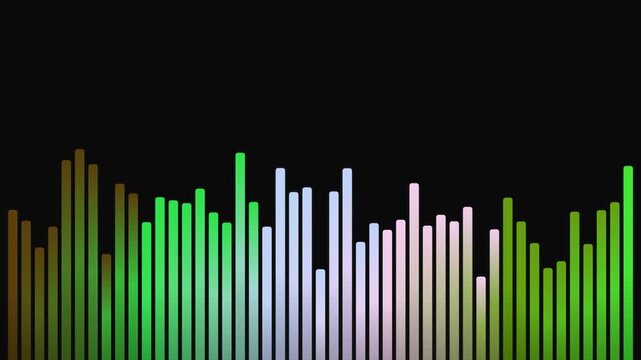 Vibrant spectral waveform visualization displays dynamic sound wave frequencies with shifting colors representing audio amplitude changes against a deep, dark setting emphasizing auditory rhythm