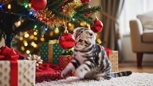 Playful Scottish Fold kitten batting at red Christmas tree ornaments under a decorated tree surrounded by presents