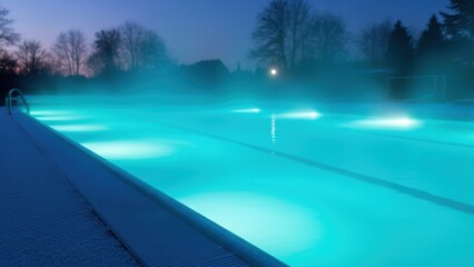 Fototapeta premium Steaming outdoor swimming pool illuminated with turquoise lights at dusk.