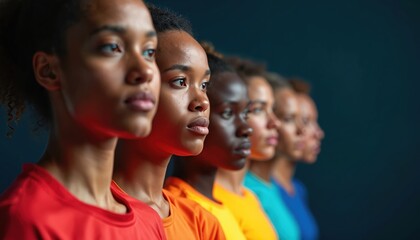 Obraz premium Diverse group of women athletes stand together in colorful sports shirts. Their unity signifies global teamwork, healthy competition spirit, ready for athletic challenge. Strong bonds show solidarity.