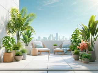 Fototapeta premium Beautiful balcony with plants, chairs, and city view at daytime