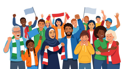 Obraz premium A diverse crowd of people cheering and waving flags and scarves at a sporting event or celebration. The group includes individuals of various ages, ethnicities. Inspiration 2D Vector Illustration