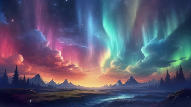虹色オーロラが夜空にゆらめく幻想的な寒色グラデーション空アニメーション