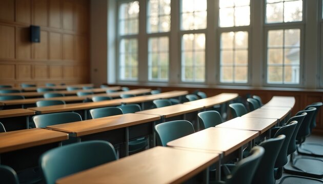 Empty university lecture hall with many rows of wooden desks and chairs. Large windows let in natural light. Calm academic environment for learning and studying indoors.