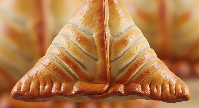 Close up of golden baked pastry with flaked crust and triangular shape