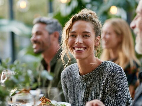 Friends enjoy a meal together in a cozy restaurant with plants around and warm lighting during an evening gathering