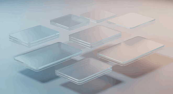 Abstract background of transparent glass squares and rectangles creating a sense of depth and order on a minimalist surface