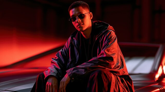 Rapper Sitting on Car Hood at Night With Urban Background and Lights