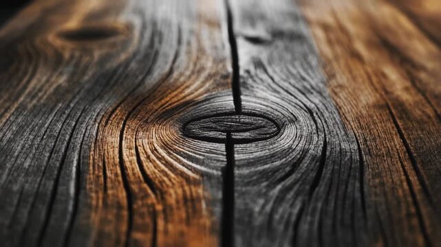 Extreme Macro Cinematic Push Across Aged Reclaimed Wood Surface &ndash; Dark Grain Knot Texture Background
