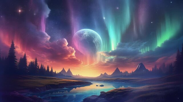 虹色オーロラが夜空にゆらめく幻想的な寒色グラデーション空アニメーション