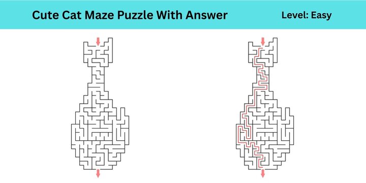 Cute  cat Maze Puzzle With Answers Level Easy Type Animal kitten best to enhance brain muscle memory for both kids and adults perfect for digital use or large print activity or books publishing