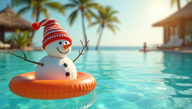 Funny snowman wearing Santa hat relaxes on orange float in tropical pool water. Palm trees and resort buildings suggest summer vacation and holiday fun. Contrasting winter character enjoys warmth.
