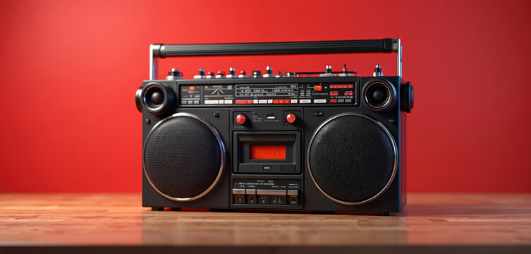 Retro boombox with cassette player sits on wooden table. Black portable stereo with silver handle and red buttons plays music. Electronic audio device for vintage sound.