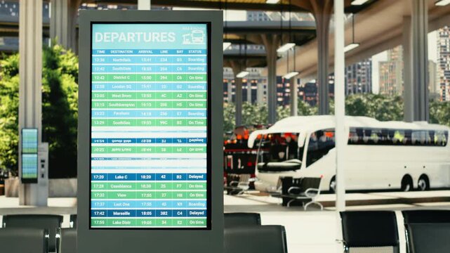 Contemporary coach station interior with empty seats and digital timetable display, departure board showing travel schedules. Urban public transportation terminal designed for commercial routes.