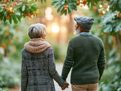 Couple walks hand in hand through a garden during sunset, enjoying the surroundings and each other's company