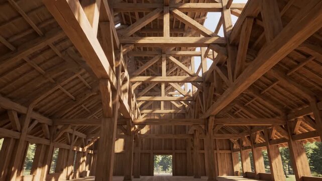 Massive Timber Frame Structure Under Sunlight Showing Intricate Wooden Beams and Roof Supports